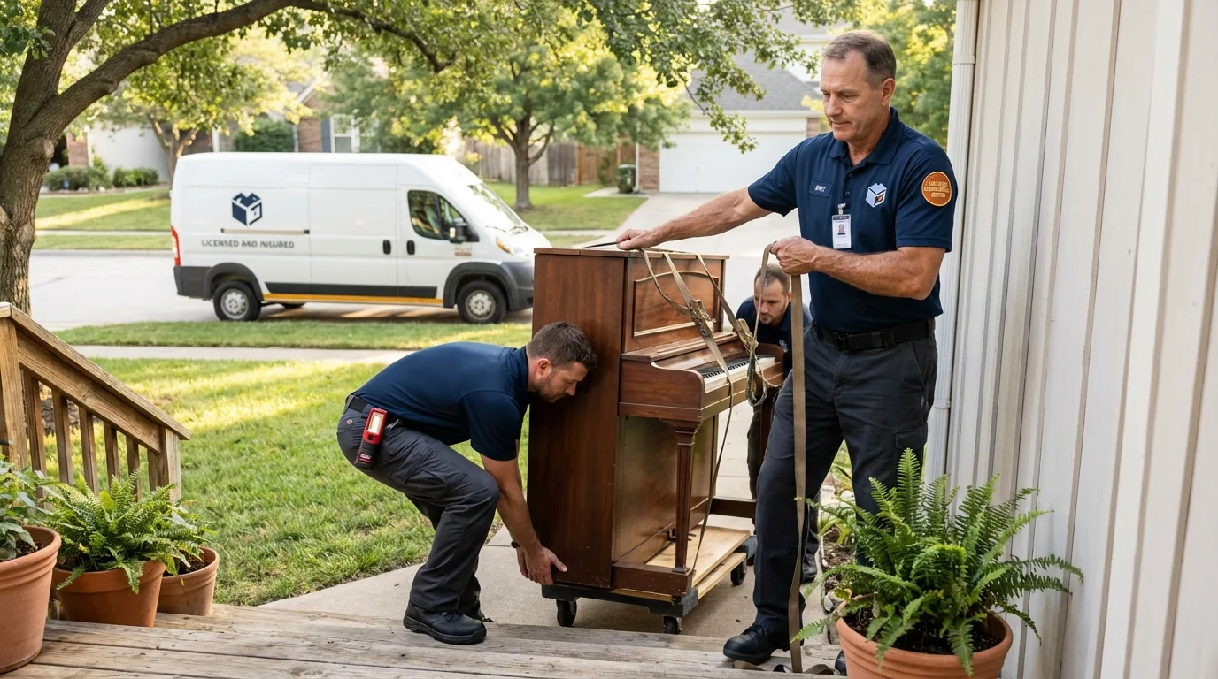 Licensed piano movers securing grand piano in Canton, MO