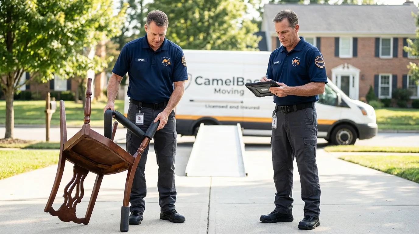 Movers inspecting furniture for damage prevention before loading in Canton, MO
