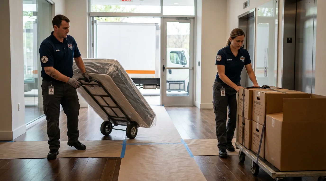 Professional apartment movers loading elevator in Canton, MO